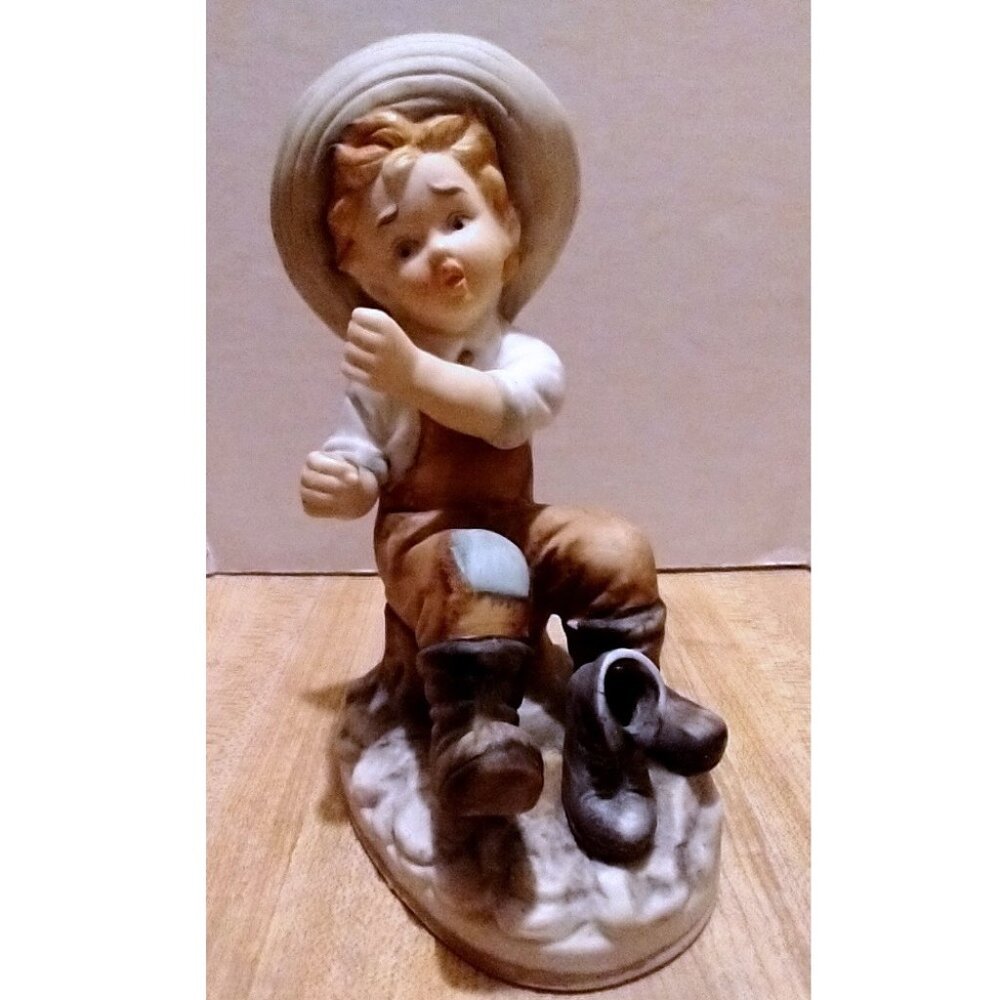 Vintage Country Boy Fishing Ceramic Figurine Statue Pole Missing